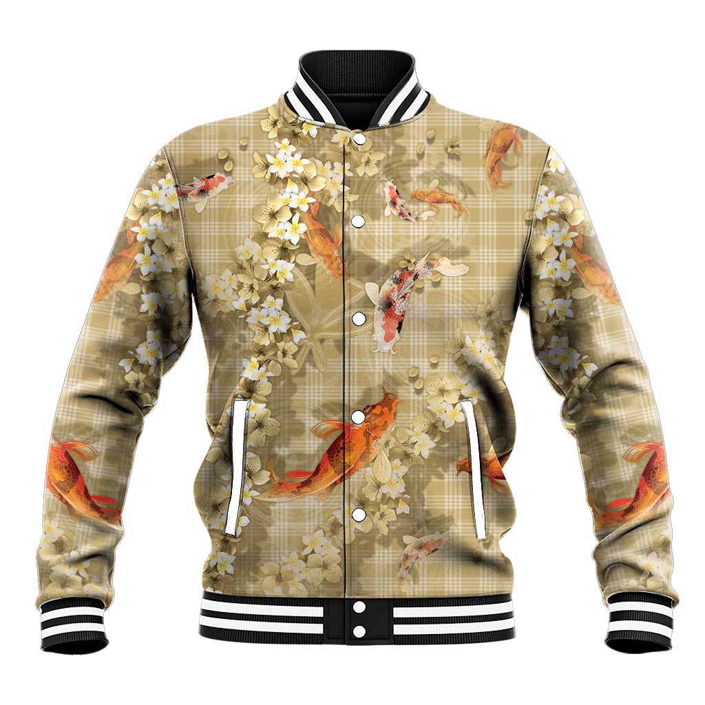 Beige Palaka Hawaiian And Japanese Baseball Jacket Sakura Lei With Koi Fish - Polynesian Pride