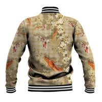 Beige Palaka Hawaiian And Japanese Baseball Jacket Sakura Lei With Koi Fish - Polynesian Pride
