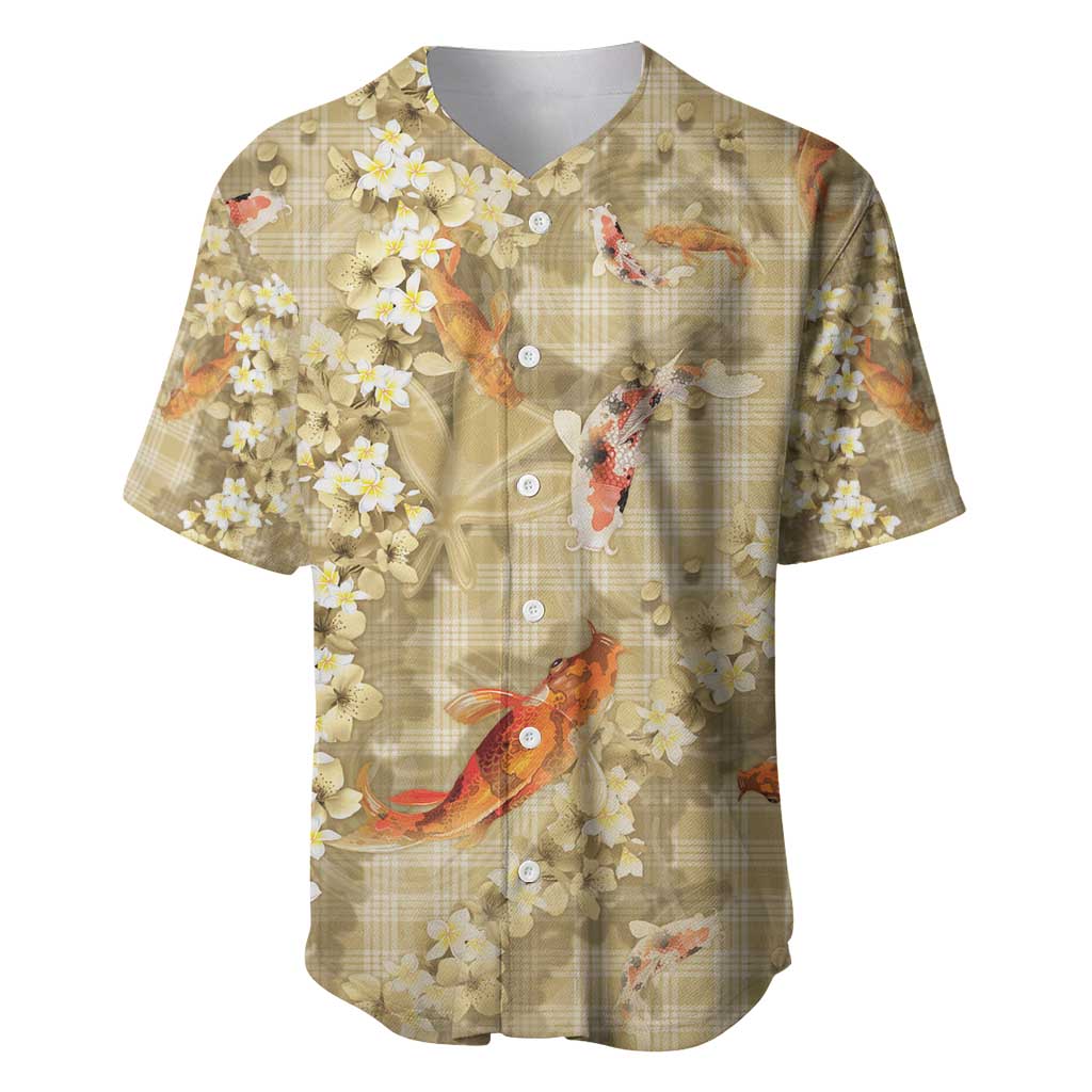 Beige Palaka Hawaiian And Japanese Baseball Jersey Sakura Lei With Koi Fish - Polynesian Pride
