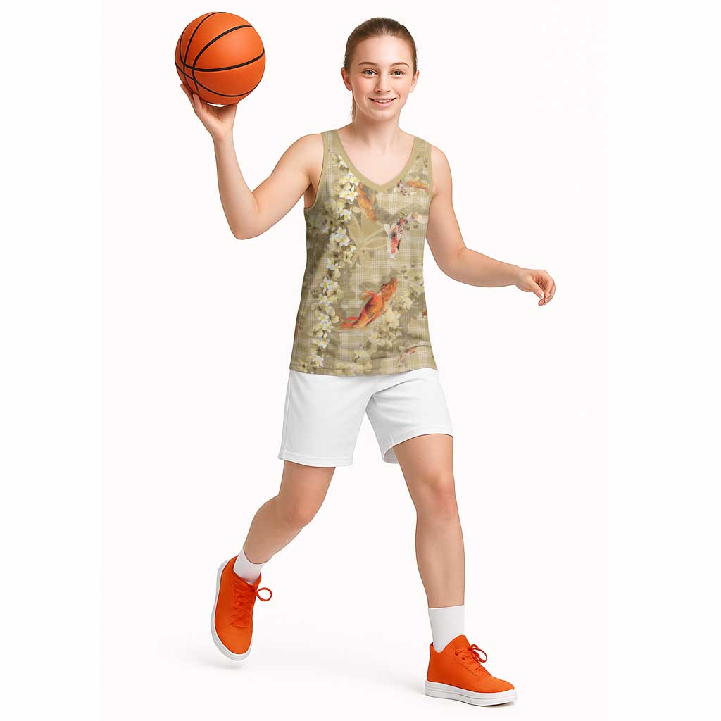 Beige Palaka Hawaiian And Japanese Basketball Jersey Sakura Lei With Koi Fish - Polynesian Pride