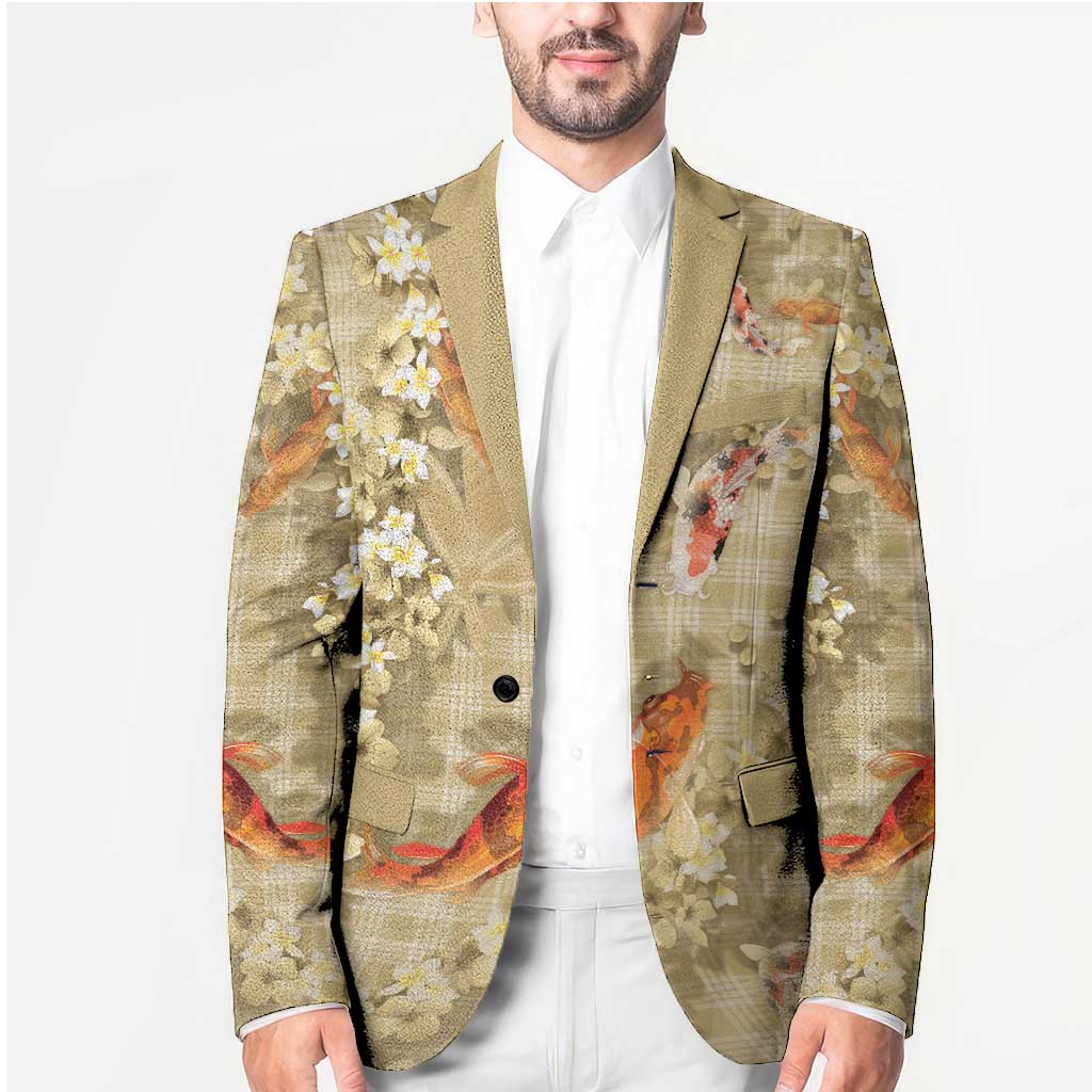 Beige Palaka Hawaiian And Japanese Blazer Sakura Lei With Koi Fish - Polynesian Pride