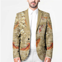 Beige Palaka Hawaiian And Japanese Blazer Sakura Lei With Koi Fish - Polynesian Pride