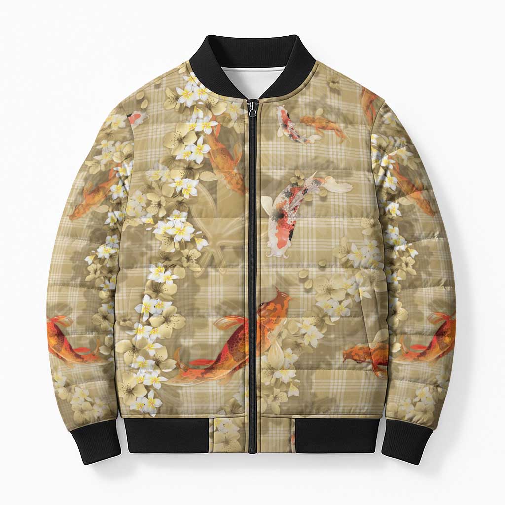 Beige Palaka Hawaiian And Japanese Bomber Puffer Jacket Sakura Lei With Koi Fish DT05 Unisex Beige - Polynesian Pride