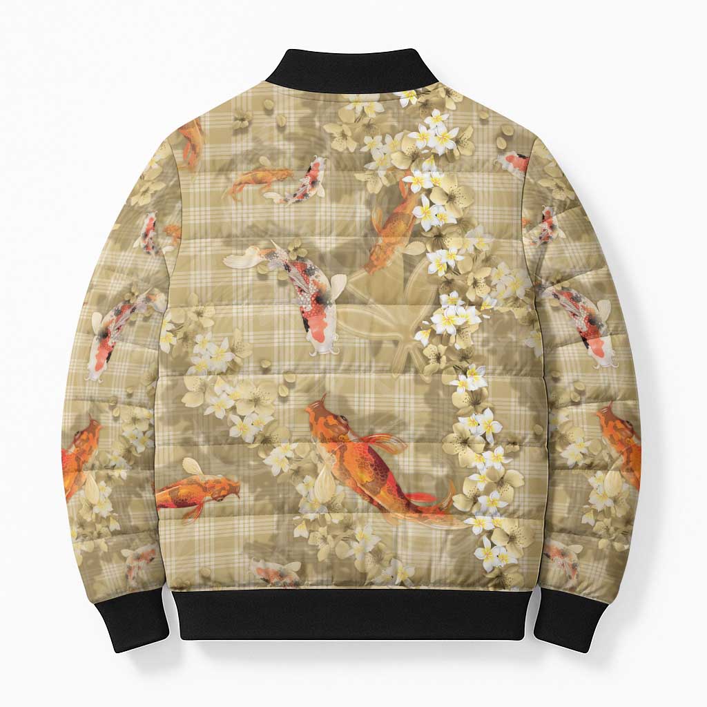 Beige Palaka Hawaiian And Japanese Bomber Puffer Jacket Sakura Lei With Koi Fish - Polynesian Pride