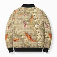 Beige Palaka Hawaiian And Japanese Bomber Puffer Jacket Sakura Lei With Koi Fish - Polynesian Pride