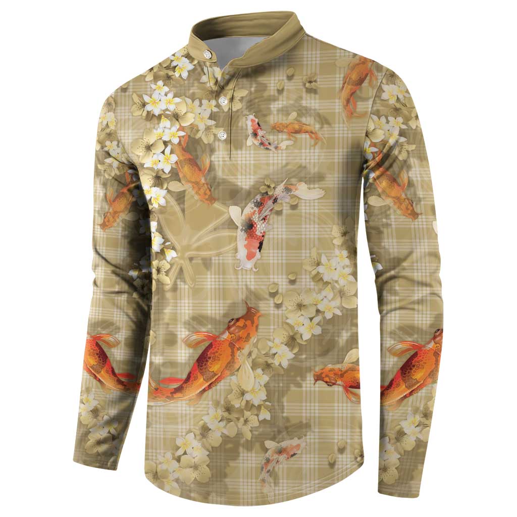 Beige Palaka Hawaiian And Japanese Button Sweatshirt Sakura Lei With Koi Fish - Polynesian Pride