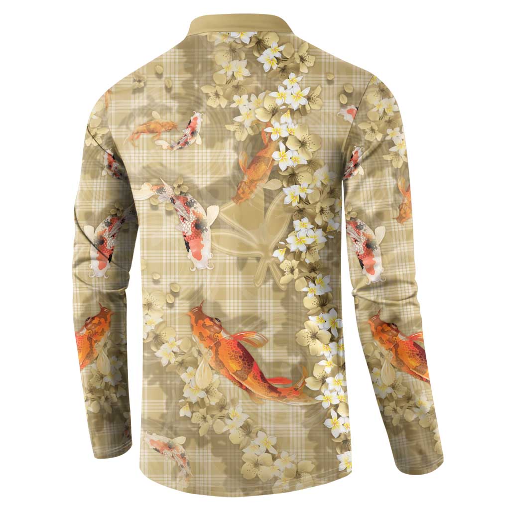 Beige Palaka Hawaiian And Japanese Button Sweatshirt Sakura Lei With Koi Fish - Polynesian Pride
