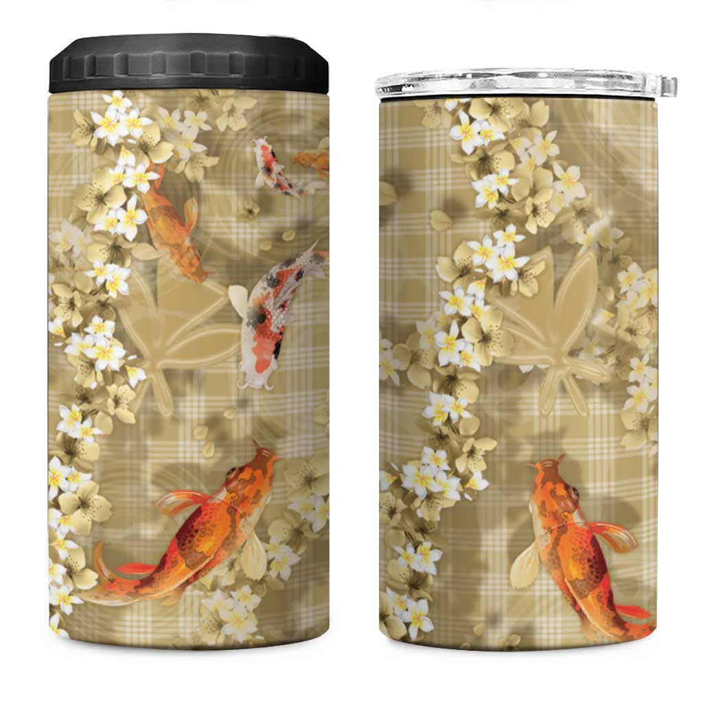 Beige Palaka Hawaiian And Japanese 4 in 1 Can Cooler Tumbler Sakura Lei With Koi Fish DT05 One Size: 16 oz Beige - Polynesian Pride