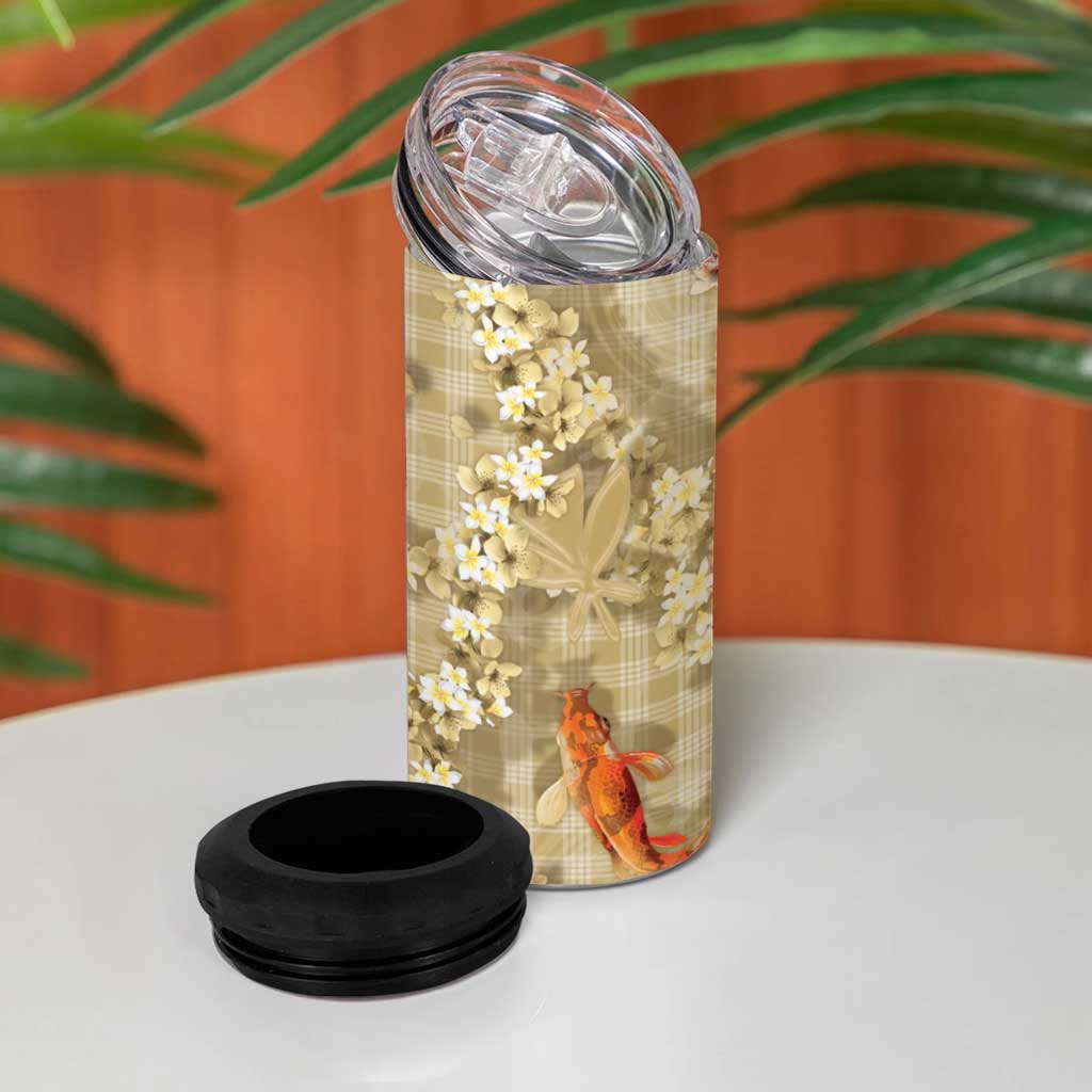 Beige Palaka Hawaiian And Japanese 4 in 1 Can Cooler Tumbler Sakura Lei With Koi Fish - Polynesian Pride