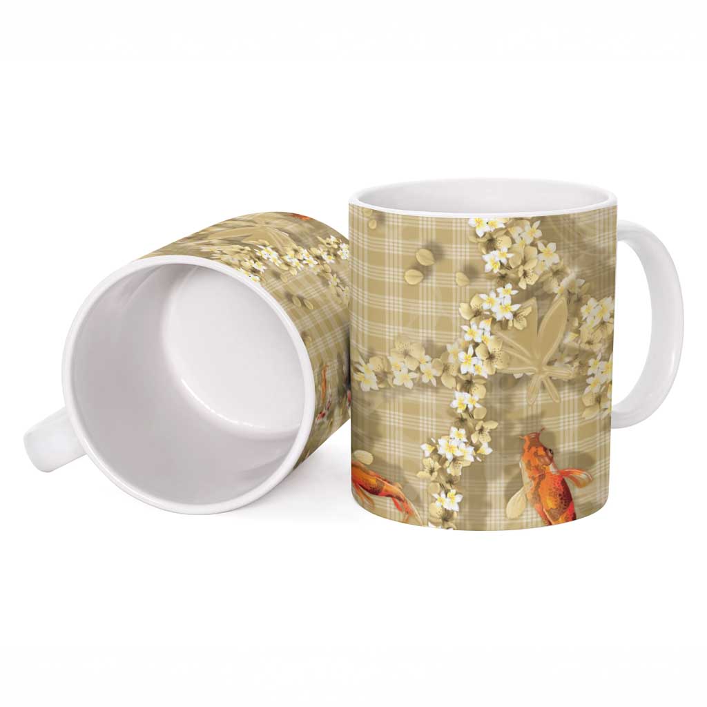 Beige Palaka Hawaiian And Japanese Ceramic Mug Sakura Lei With Koi Fish - Polynesian Pride