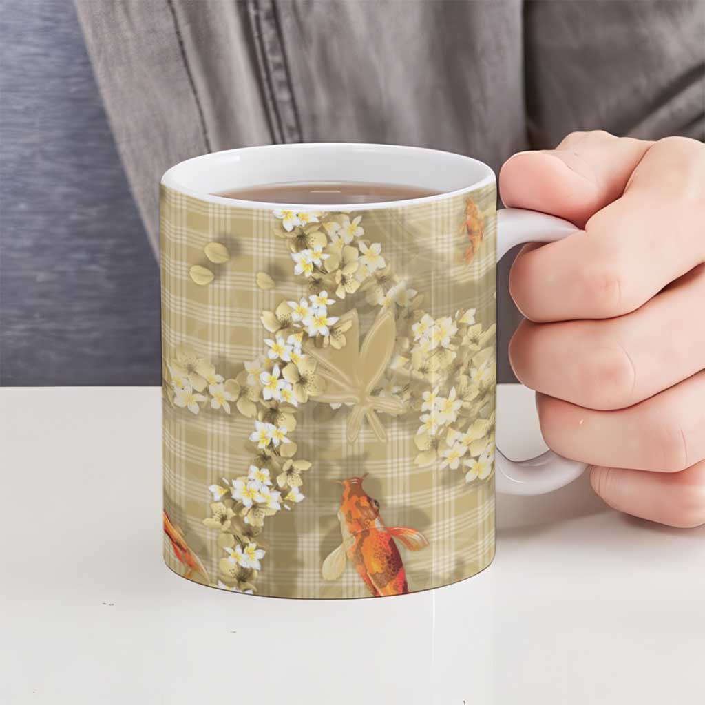 Beige Palaka Hawaiian And Japanese Ceramic Mug Sakura Lei With Koi Fish - Polynesian Pride