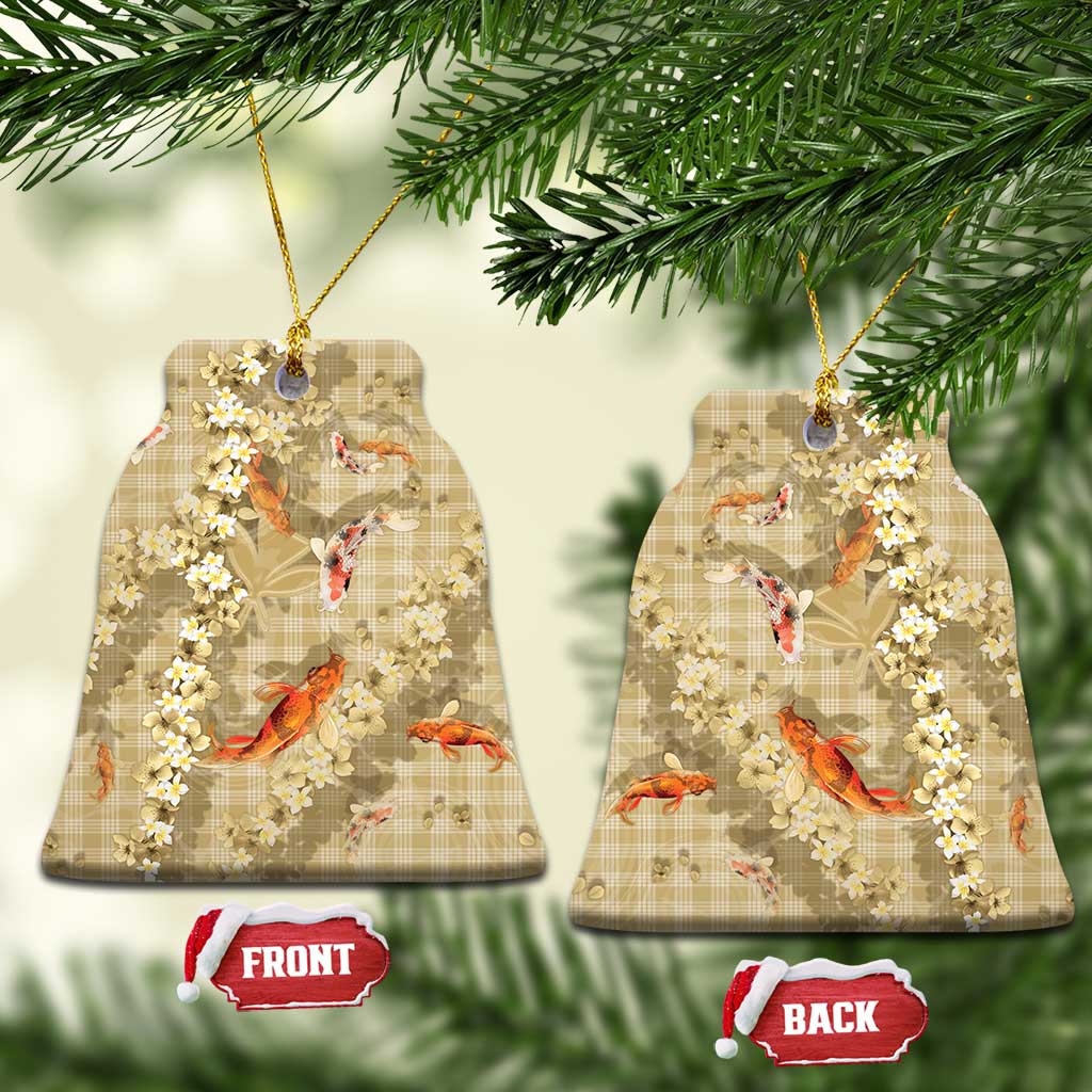 Beige Palaka Hawaiian And Japanese Ceramic Ornament Sakura Lei With Koi Fish - Polynesian Pride