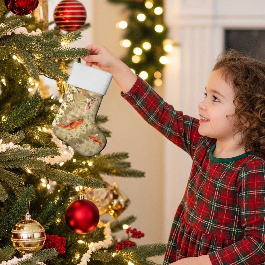 Beige Palaka Hawaiian And Japanese Christmas Stocking Sakura Lei With Koi Fish - Polynesian Pride