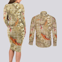 Beige Palaka Hawaiian And Japanese Couples Matching Long Sleeve Bodycon Dress and Long Sleeve Button Shirt Sakura Lei With Koi Fish - Polynesian Pride
