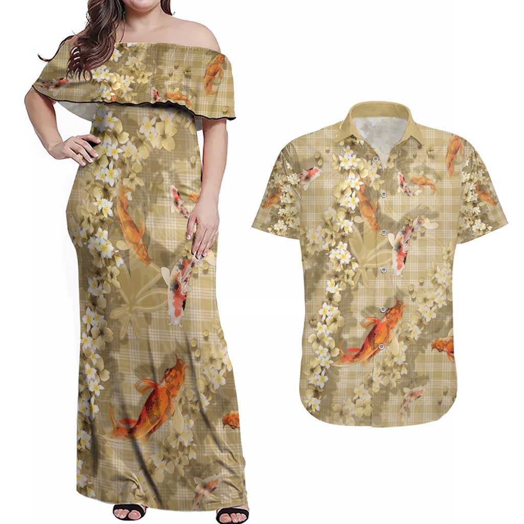 Beige Palaka Hawaiian And Japanese Couples Matching Off Shoulder Maxi Dress and Hawaiian Shirt Sakura Lei With Koi Fish - Polynesian Pride