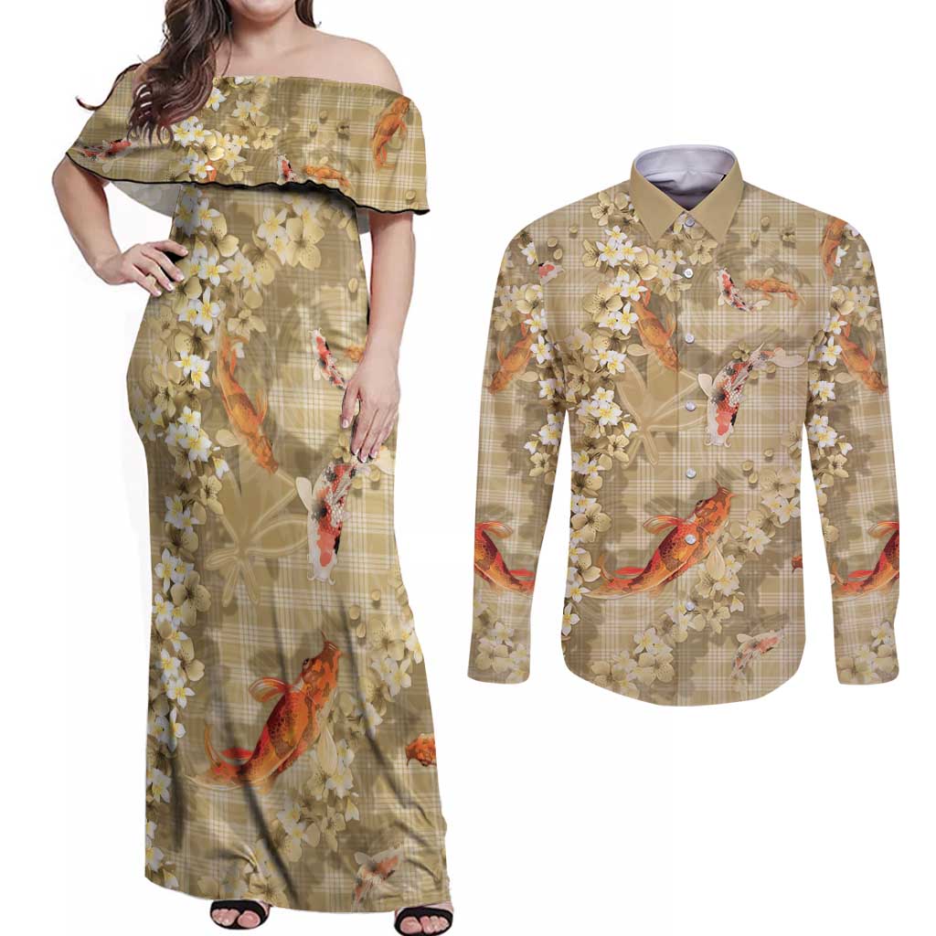 Beige Palaka Hawaiian And Japanese Couples Matching Off Shoulder Maxi Dress and Long Sleeve Button Shirt Sakura Lei With Koi Fish - Polynesian Pride