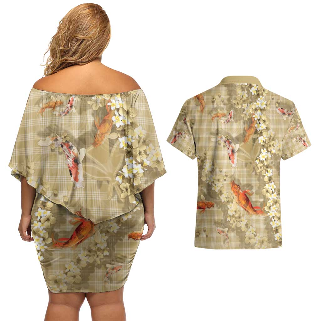 Beige Palaka Hawaiian And Japanese Couples Matching Off Shoulder Short Dress and Hawaiian Shirt Sakura Lei With Koi Fish - Polynesian Pride