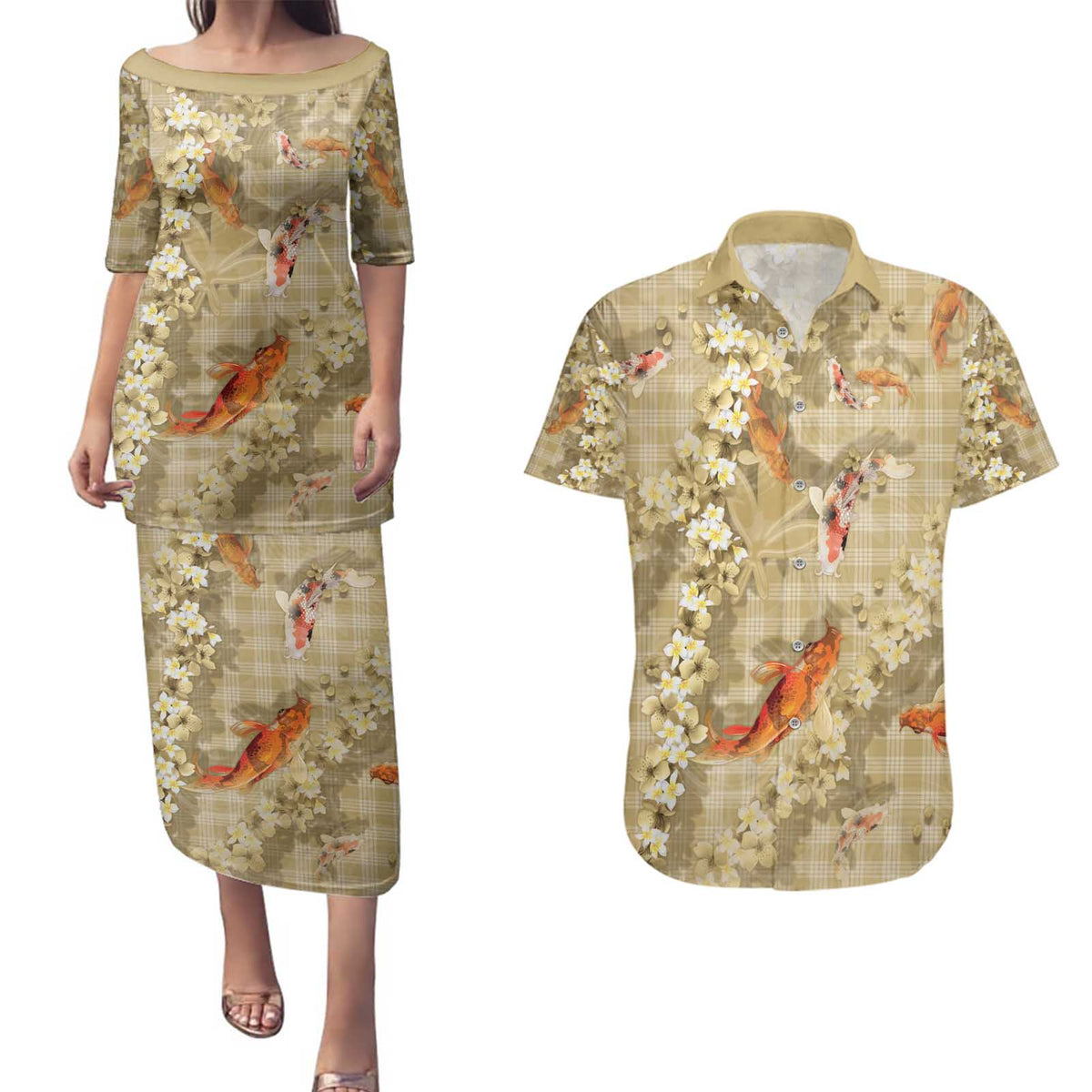 Beige Palaka Hawaiian And Japanese Couples Matching Puletasi and Hawaiian Shirt Sakura Lei With Koi Fish - Polynesian Pride