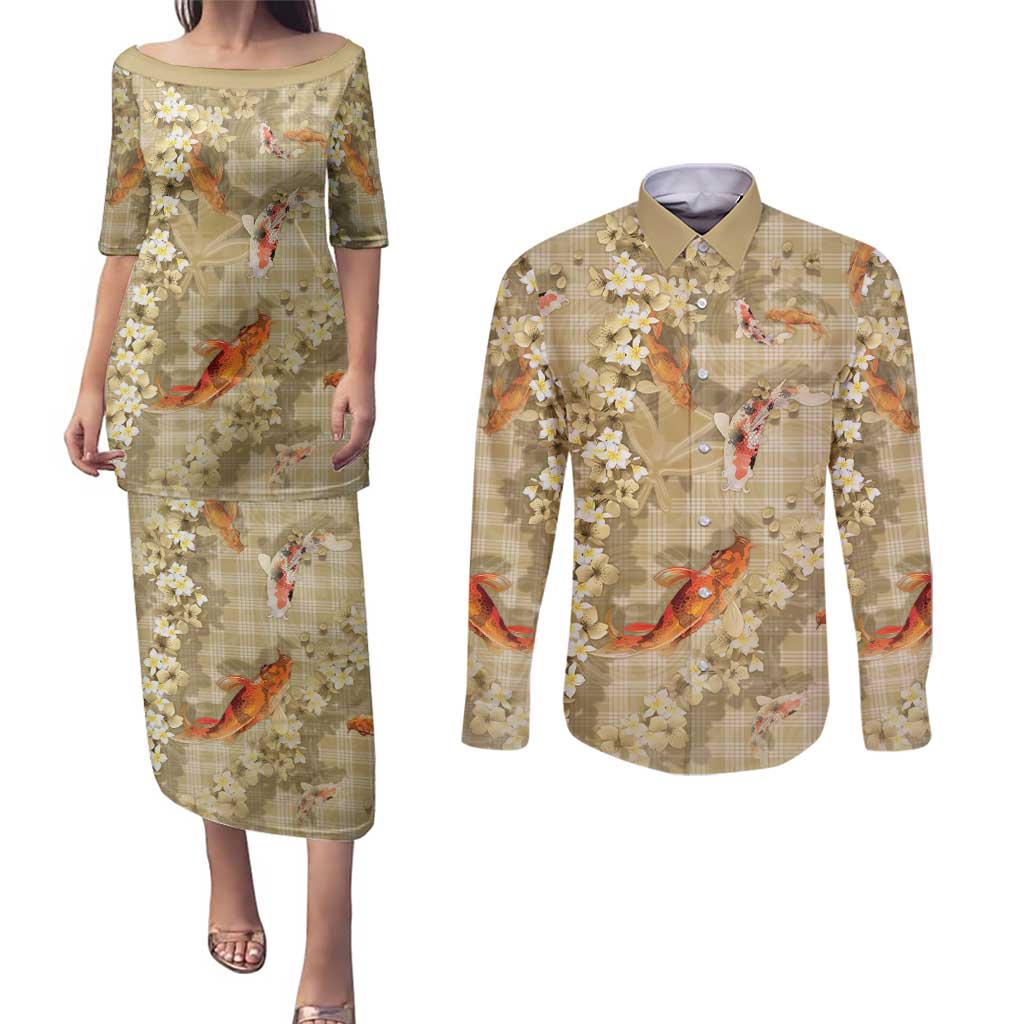 Beige Palaka Hawaiian And Japanese Couples Matching Puletasi and Long Sleeve Button Shirt Sakura Lei With Koi Fish - Polynesian Pride