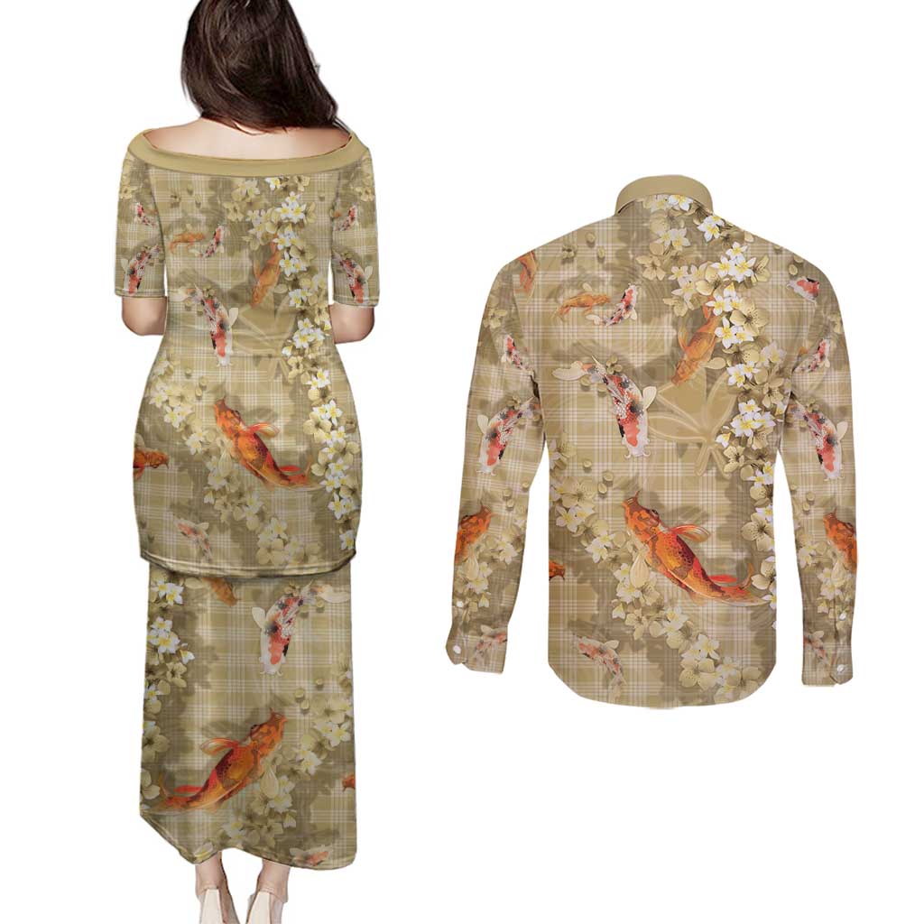 Beige Palaka Hawaiian And Japanese Couples Matching Puletasi and Long Sleeve Button Shirt Sakura Lei With Koi Fish - Polynesian Pride