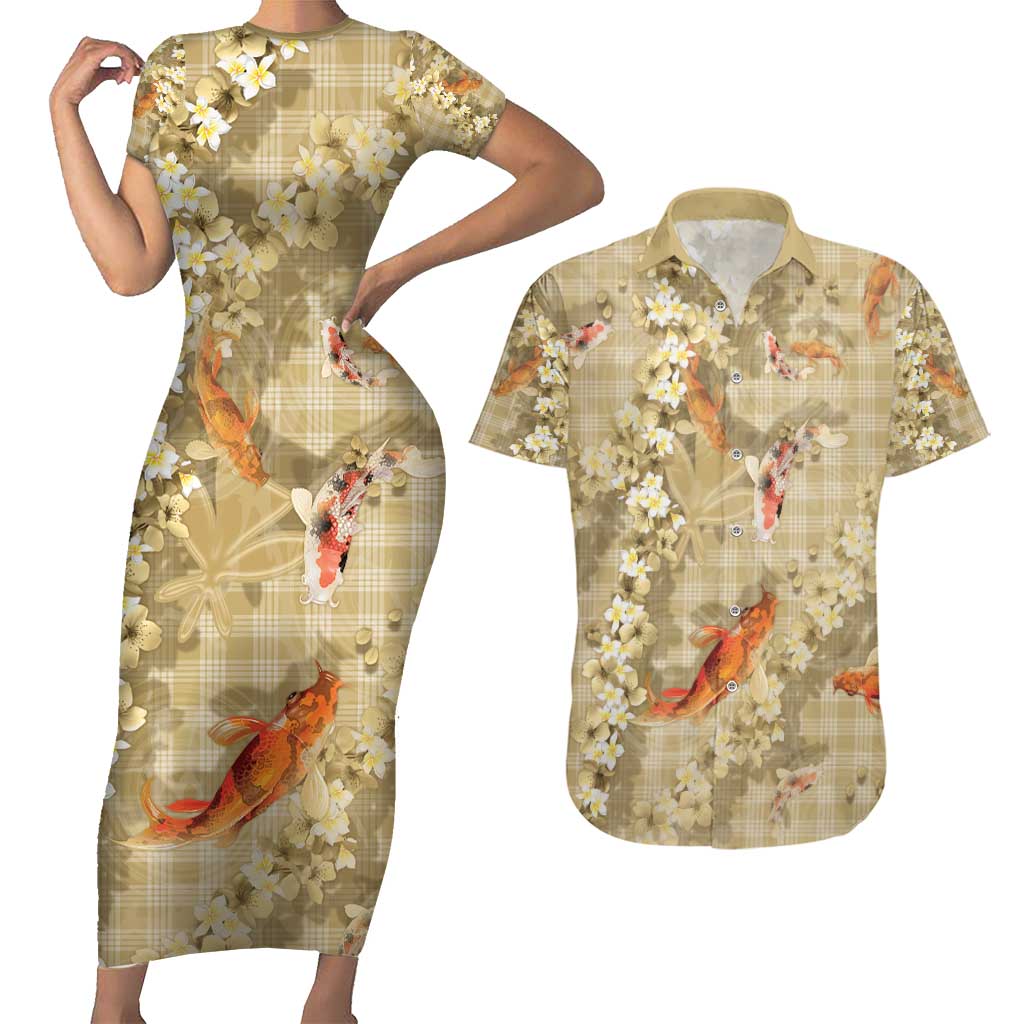 Beige Palaka Hawaiian And Japanese Couples Matching Short Sleeve Bodycon Dress and Hawaiian Shirt Sakura Lei With Koi Fish - Polynesian Pride