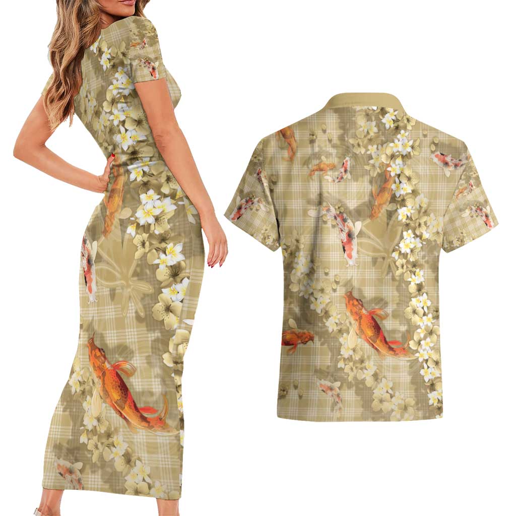 Beige Palaka Hawaiian And Japanese Couples Matching Short Sleeve Bodycon Dress and Hawaiian Shirt Sakura Lei With Koi Fish - Polynesian Pride