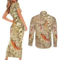 Beige Palaka Hawaiian And Japanese Couples Matching Short Sleeve Bodycon Dress and Long Sleeve Button Shirt Sakura Lei With Koi Fish - Polynesian Pride