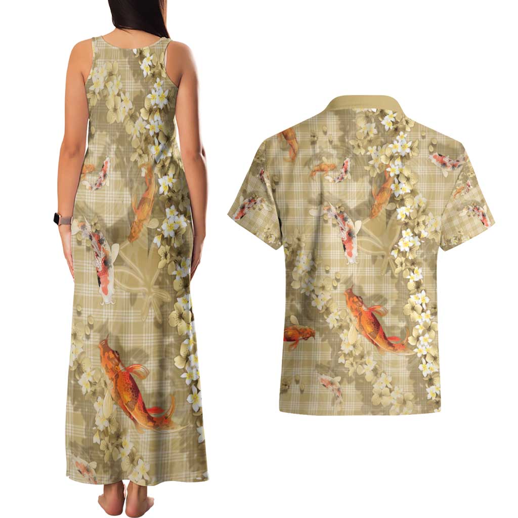 Beige Palaka Hawaiian And Japanese Couples Matching Tank Maxi Dress and Hawaiian Shirt Sakura Lei With Koi Fish - Polynesian Pride