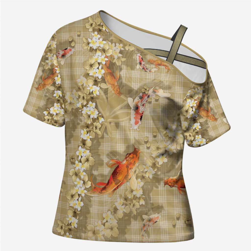 Beige Palaka Hawaiian And Japanese Cross Shoulder Shirt Sakura Lei With Koi Fish - Polynesian Pride