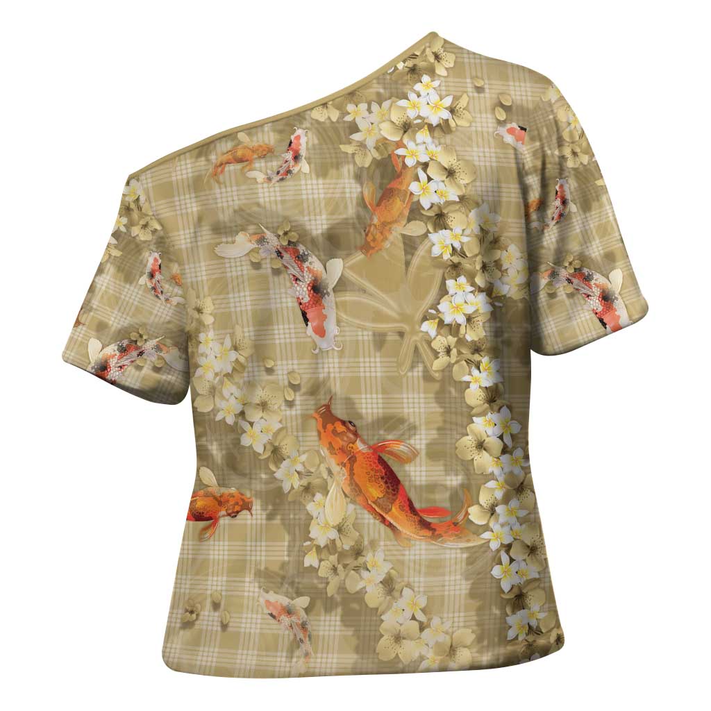 Beige Palaka Hawaiian And Japanese Cross Shoulder Shirt Sakura Lei With Koi Fish - Polynesian Pride