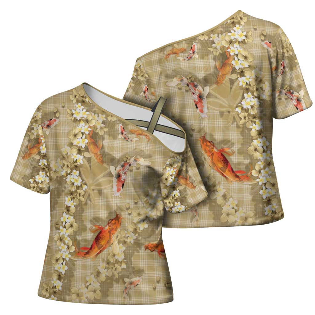 Beige Palaka Hawaiian And Japanese Cross Shoulder Shirt Sakura Lei With Koi Fish - Polynesian Pride