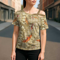 Beige Palaka Hawaiian And Japanese Cross Shoulder Shirt Sakura Lei With Koi Fish - Polynesian Pride