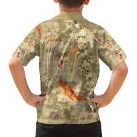 Beige Palaka Hawaiian And Japanese Family Matching Off The Shoulder Long Sleeve Dress and Hawaiian Shirt Sakura Lei With Koi Fish - Polynesian Pride