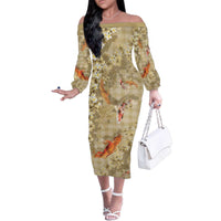 Beige Palaka Hawaiian And Japanese Family Matching Off The Shoulder Long Sleeve Dress and Hawaiian Shirt Sakura Lei With Koi Fish - Polynesian Pride
