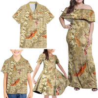 Beige Palaka Hawaiian And Japanese Family Matching Off Shoulder Maxi Dress and Hawaiian Shirt Sakura Lei With Koi Fish - Polynesian Pride
