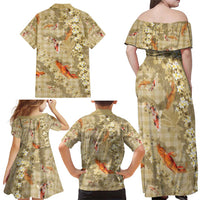 Beige Palaka Hawaiian And Japanese Family Matching Off Shoulder Maxi Dress and Hawaiian Shirt Sakura Lei With Koi Fish - Polynesian Pride