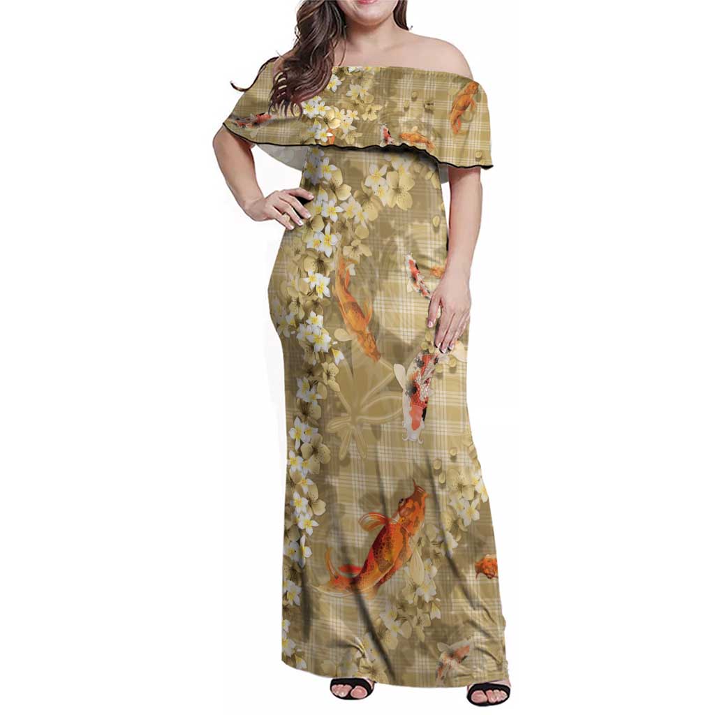 Beige Palaka Hawaiian And Japanese Family Matching Off Shoulder Maxi Dress and Hawaiian Shirt Sakura Lei With Koi Fish - Polynesian Pride