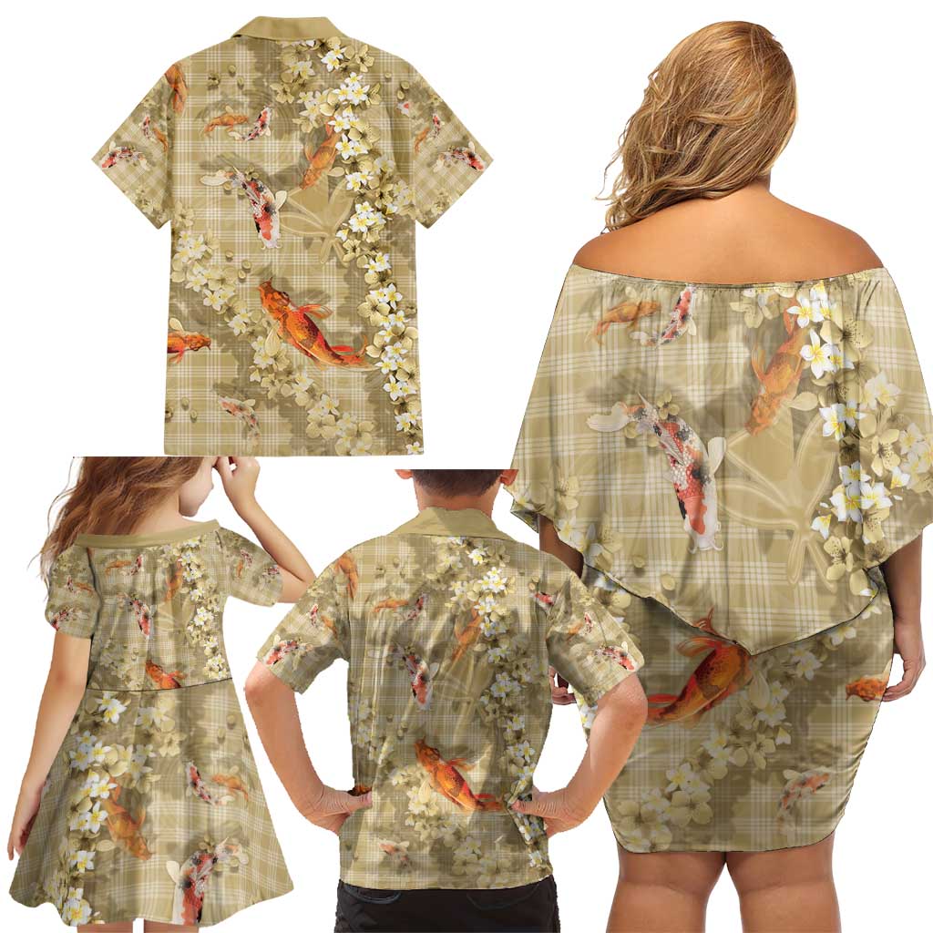 Beige Palaka Hawaiian And Japanese Family Matching Off Shoulder Short Dress and Hawaiian Shirt Sakura Lei With Koi Fish - Polynesian Pride
