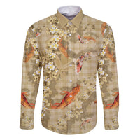 Beige Palaka Hawaiian And Japanese Family Matching Off Shoulder Short Dress and Hawaiian Shirt Sakura Lei With Koi Fish - Polynesian Pride