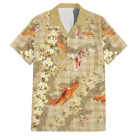 Beige Palaka Hawaiian And Japanese Family Matching Puletasi and Hawaiian Shirt Sakura Lei With Koi Fish - Polynesian Pride