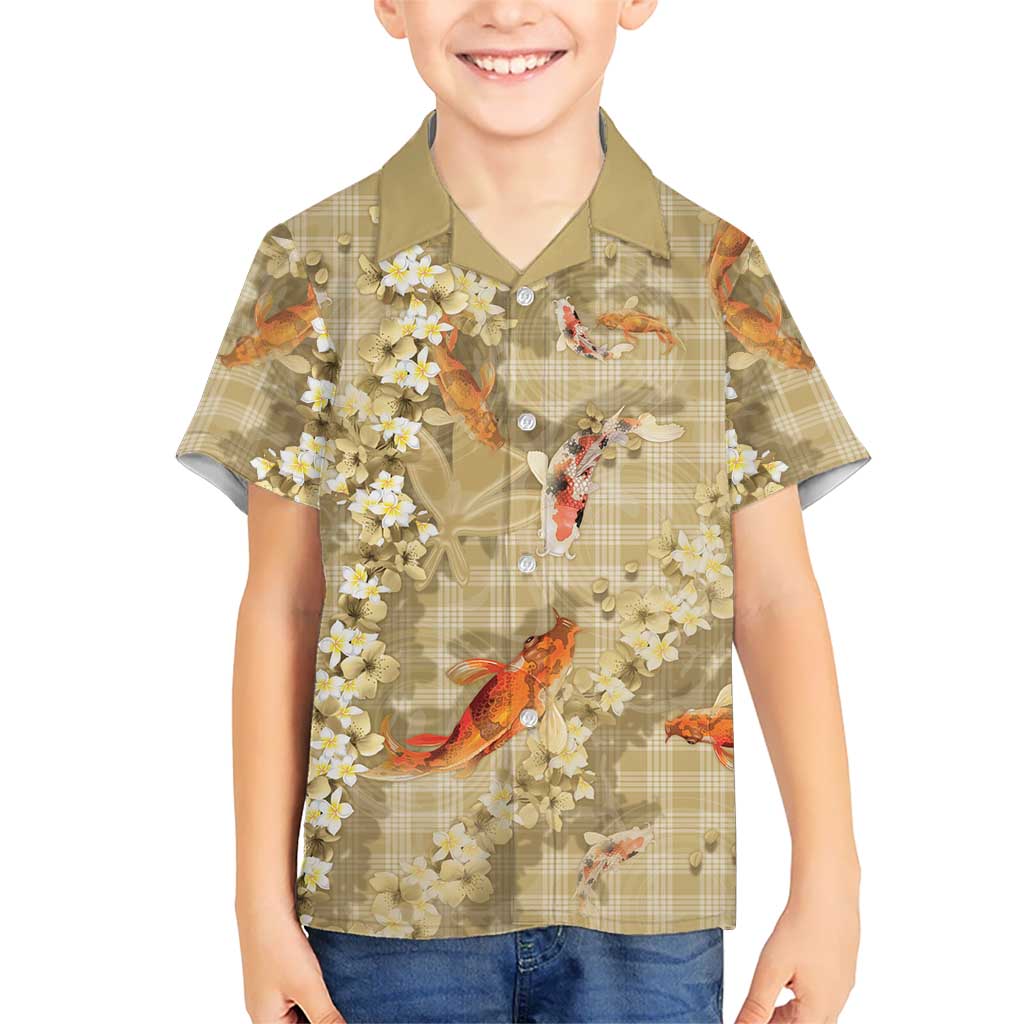 Beige Palaka Hawaiian And Japanese Family Matching Puletasi and Hawaiian Shirt Sakura Lei With Koi Fish - Polynesian Pride