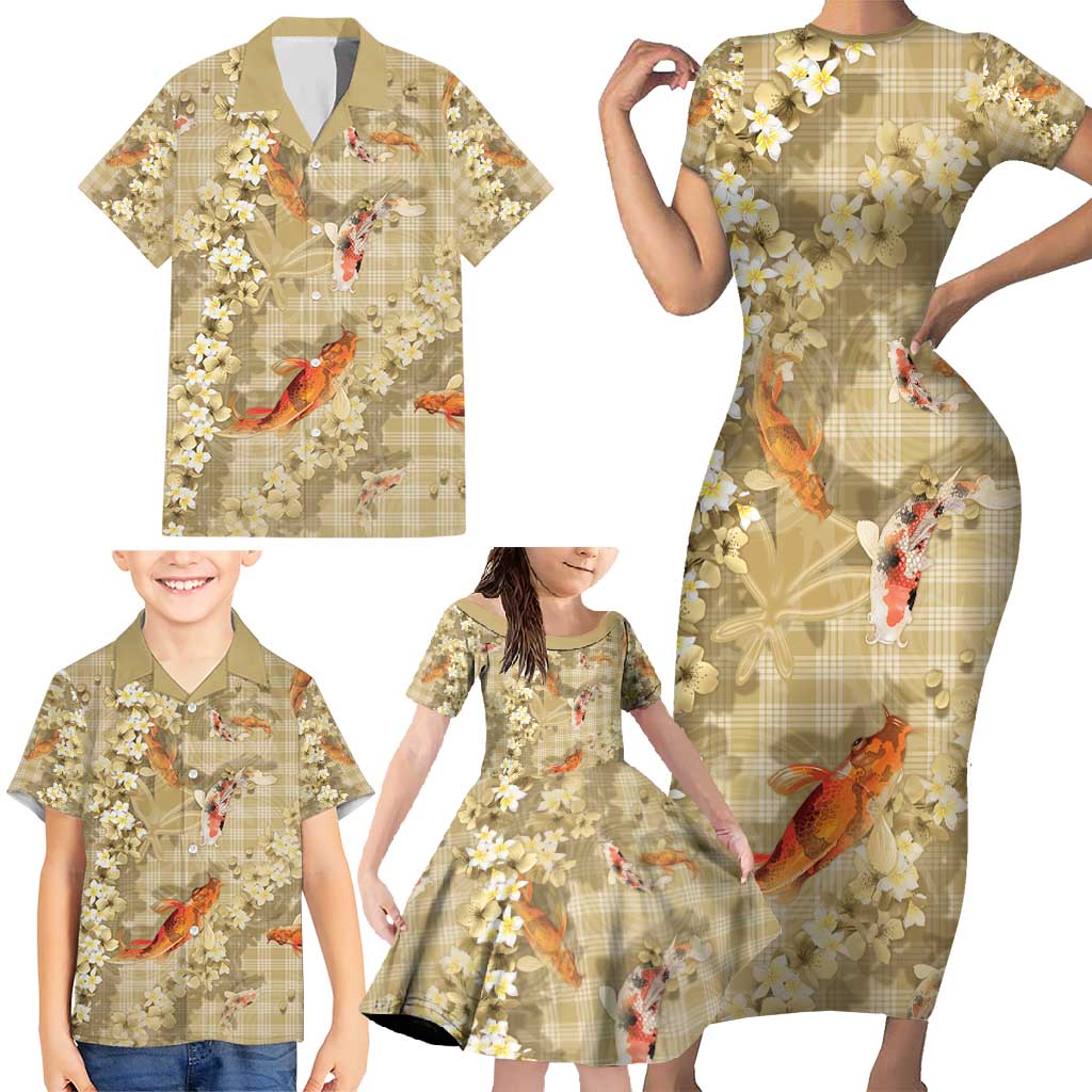 Beige Palaka Hawaiian And Japanese Family Matching Short Sleeve Bodycon Dress and Hawaiian Shirt Sakura Lei With Koi Fish - Polynesian Pride