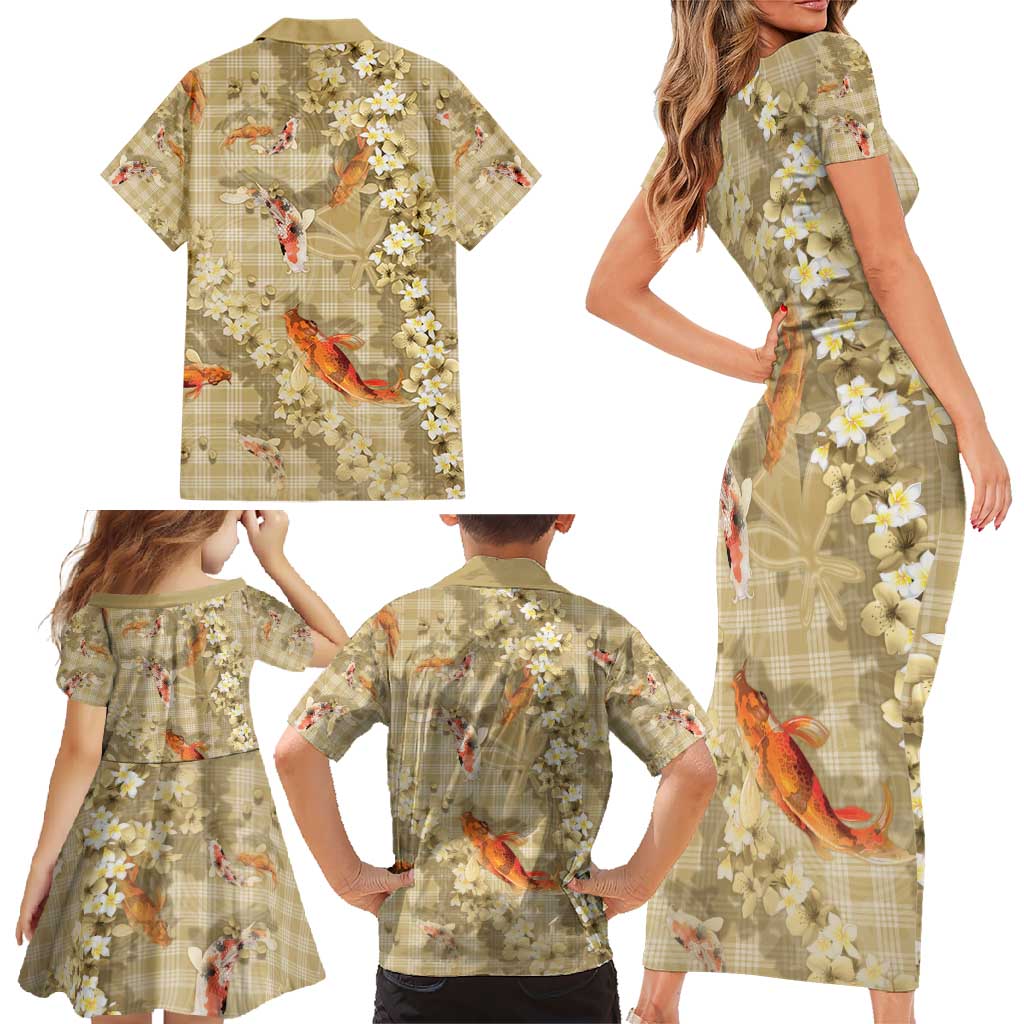 Beige Palaka Hawaiian And Japanese Family Matching Short Sleeve Bodycon Dress and Hawaiian Shirt Sakura Lei With Koi Fish - Polynesian Pride