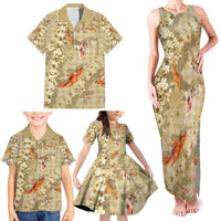 Beige Palaka Hawaiian And Japanese Family Matching Tank Maxi Dress and Hawaiian Shirt Sakura Lei With Koi Fish - Polynesian Pride