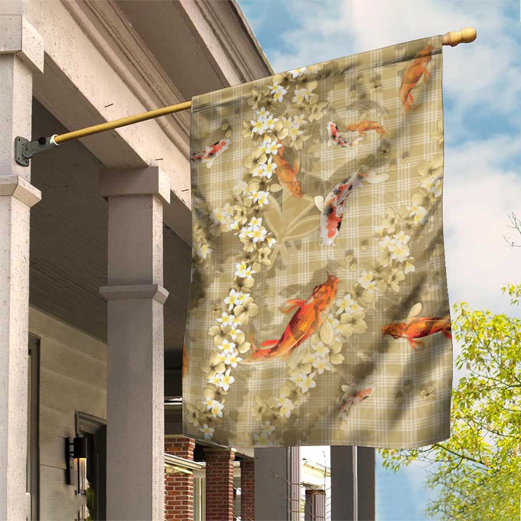 Beige Palaka Hawaiian And Japanese Garden Flag Sakura Lei With Koi Fish - Polynesian Pride