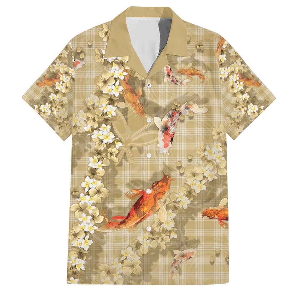 Beige Palaka Hawaiian And Japanese Hawaiian Shirt Sakura Lei With Koi Fish - Polynesian Pride