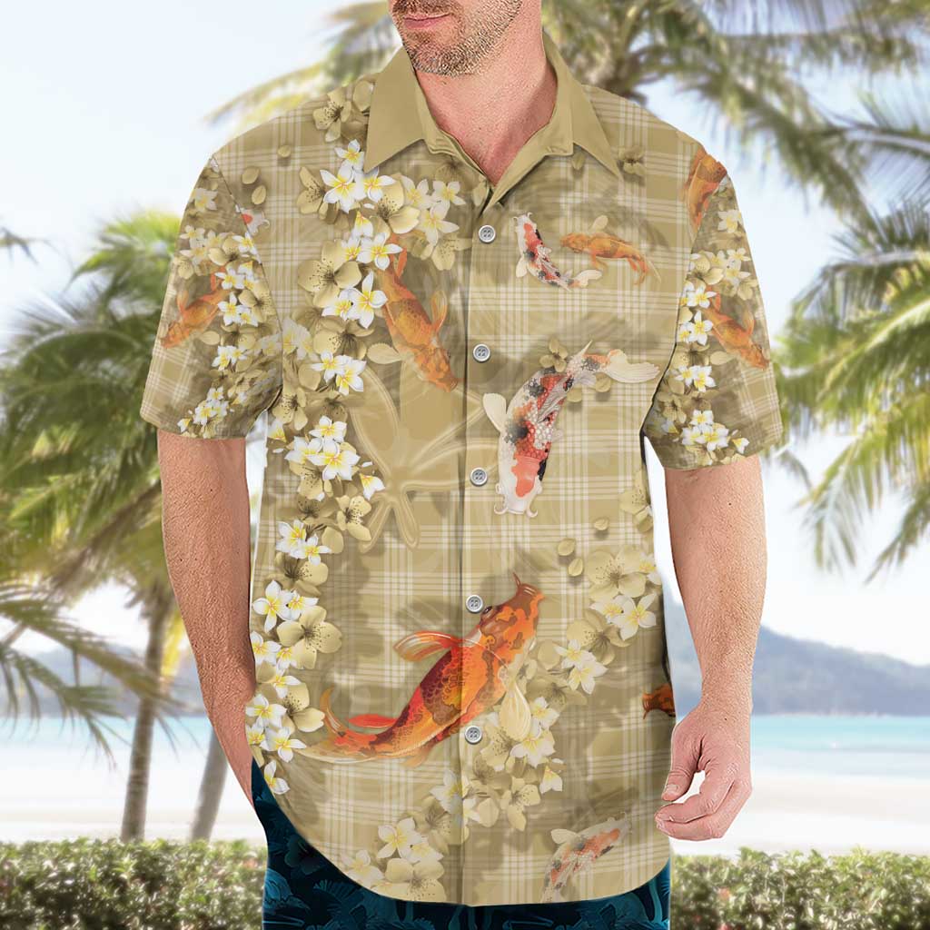 Beige Palaka Hawaiian And Japanese Hawaiian Shirt Sakura Lei With Koi Fish - Polynesian Pride
