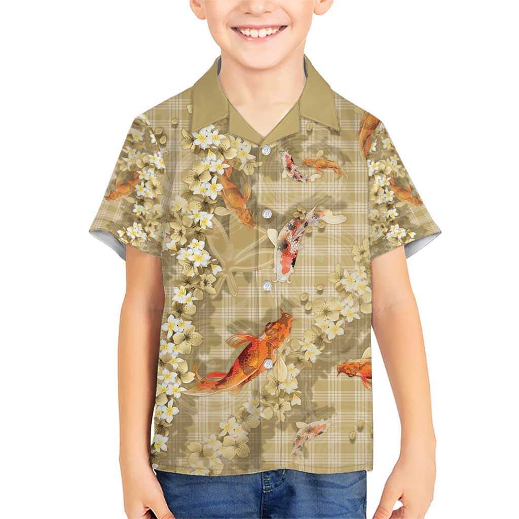 Beige Palaka Hawaiian And Japanese Hawaiian Shirt Sakura Lei With Koi Fish - Polynesian Pride