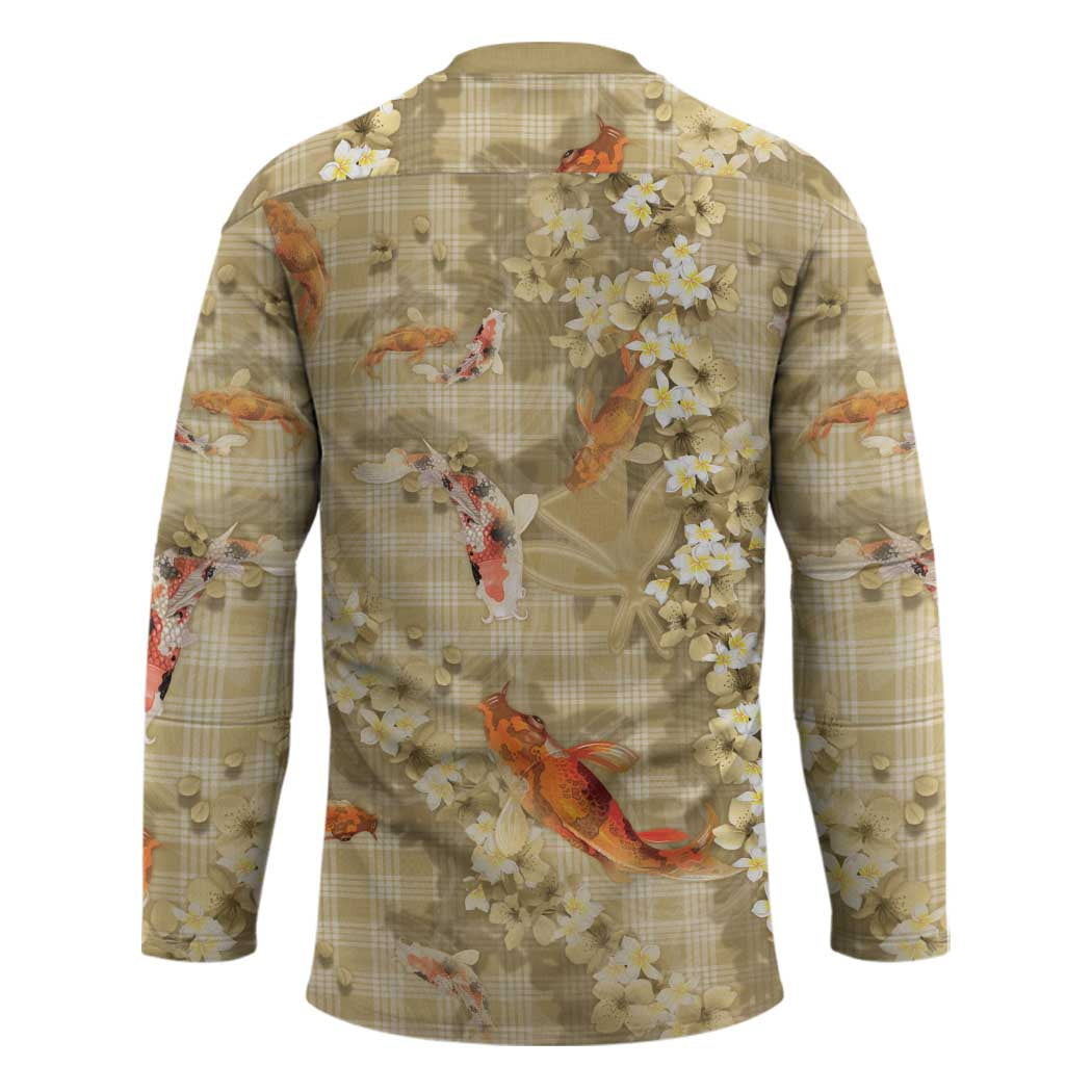 Beige Palaka Hawaiian And Japanese Hockey Jersey Sakura Lei With Koi Fish - Polynesian Pride