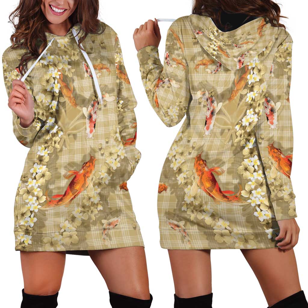 Beige Palaka Hawaiian And Japanese Hoodie Dress Sakura Lei With Koi Fish - Polynesian Pride